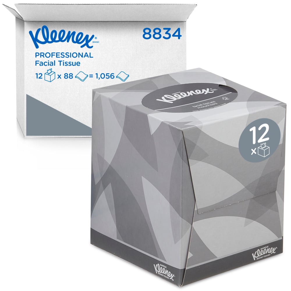 A box of Kleenex® facial tissues - cube box / white from Kimberly-Clark GmbH stands in front of a box containing: 12 boxes with 88 tissues each, totaling 1,056 facial care tissues.