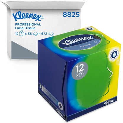 A box of Kleenex® facial tissues - cube box / white from Kimberly-Clark GmbH contains 12 packs with 56 tissues each; the packaging shows the Kleenex logo and blue, green, and yellow accents - ideal for facial care.