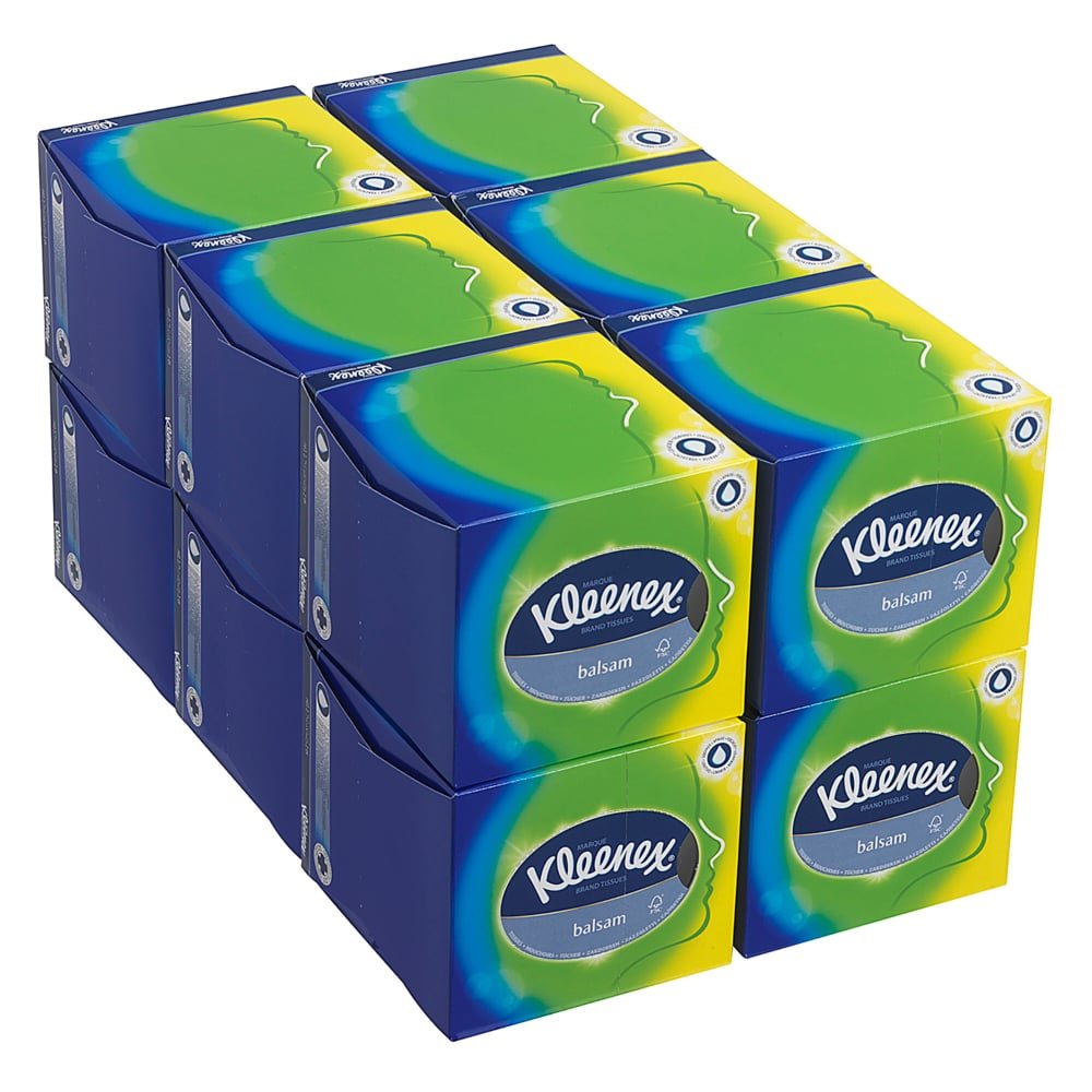 Nine Kleenex® facial tissues - cube box / white from Kimberly-Clark GmbH are stacked 3x3. Each white cube box is ideal for facial care, with the Kleenex logo clearly visible on each package.