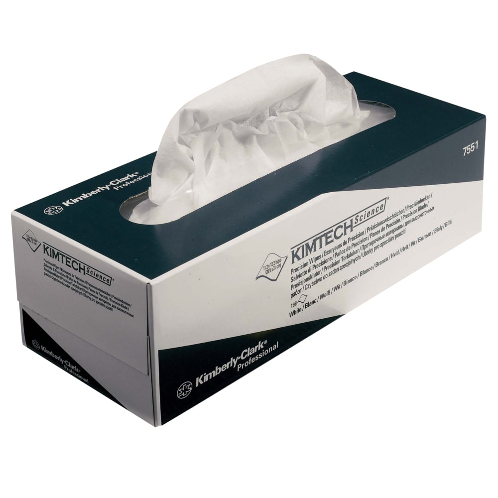 A rectangular box of Kimtech® Science Precision Wipes - Pull Box/White/Large (15 cartons x 196 sheets) from Kimberly-Clark GmbH, with a protruding white tissue, ideal for cleaning sensitive surfaces.