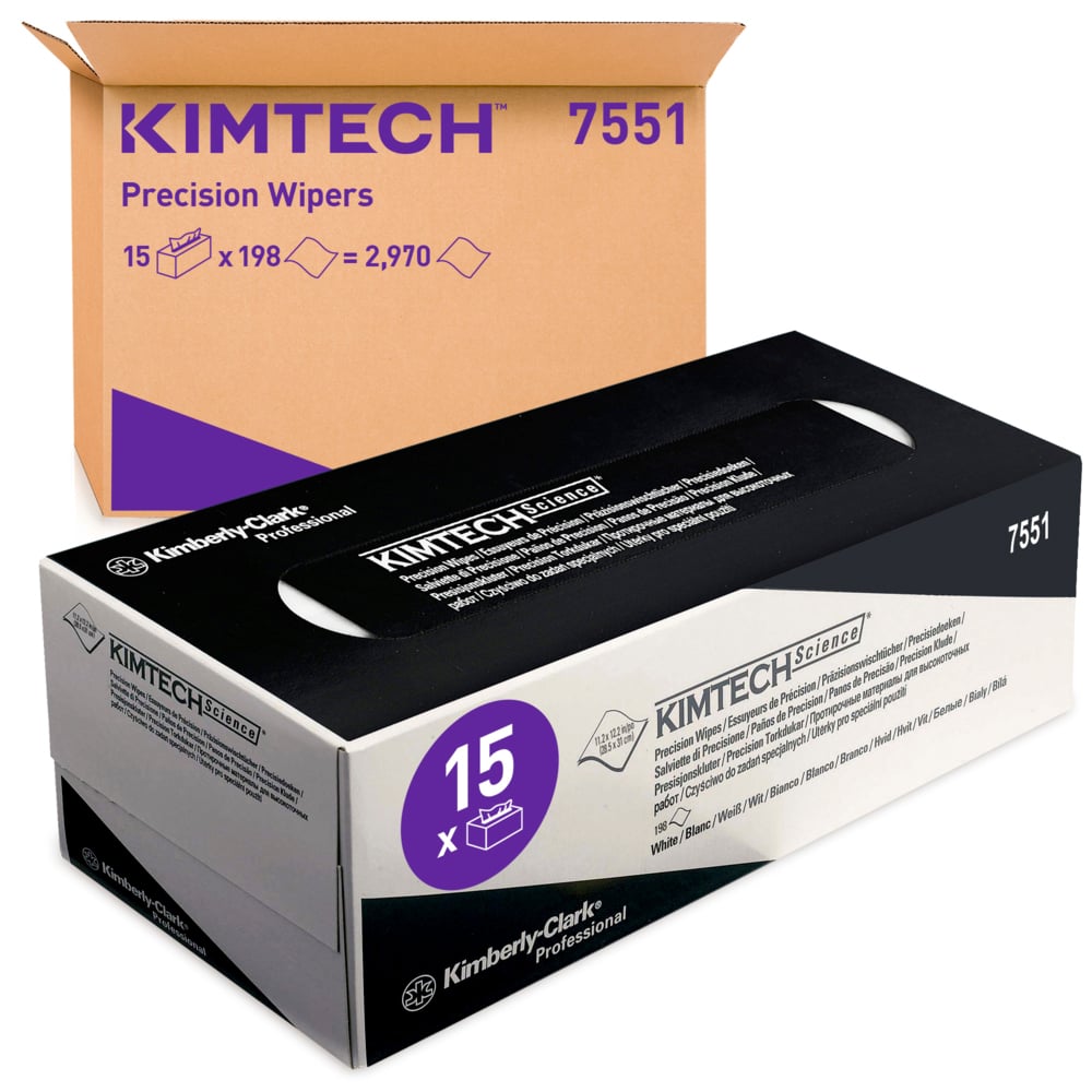 Pictured are two Kimtech® Science Precision Wipes boxes from Kimberly-Clark GmbH: a brown shipping box (15x196 sheets) and a black-and-white retail box for cleaning sensitive surfaces.