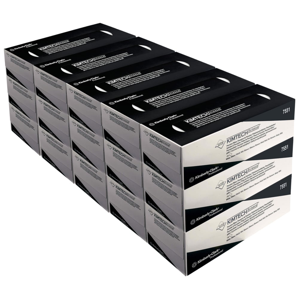 Four rows of Kimberly-Clark GmbH Kimtech® Science Precision Wipes pull boxes, Large, White (15 boxes x 196 wipes) are stacked on top of each other; each carton clearly displays the brand and product information on the packaging.