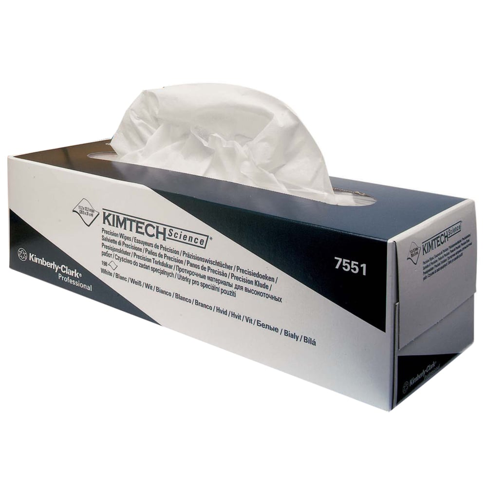 A Kimtech® Science Precision Wipes pull box from Kimberly-Clark GmbH (White/Large, 15 boxes x 196 wipes) stands on a white surface, a tissue pullable-ideal for sensitive surfaces.