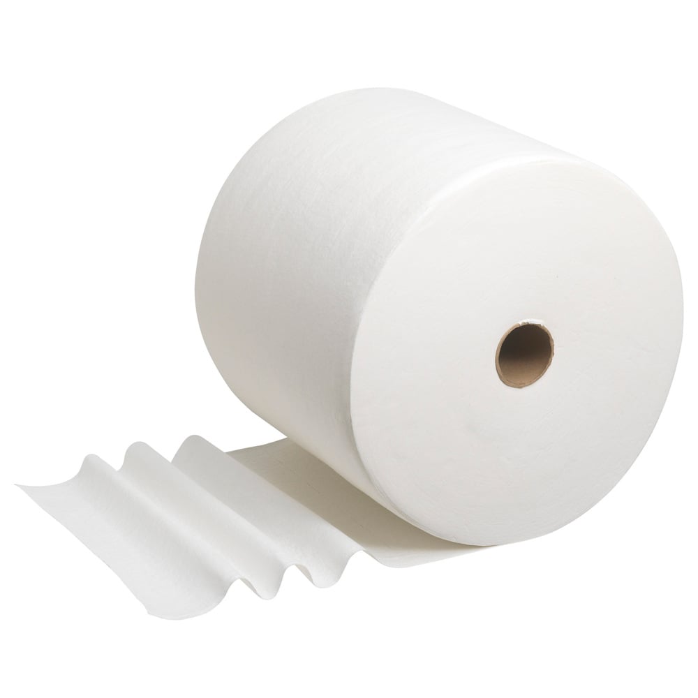 A WypAll® L40 PowerClean large roll (Kimberly-Clark GmbH) with several unrolled, absorbent sheets lies on a white background. 1 roll contains 750 sheets per carton.