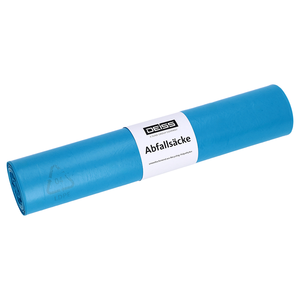 Eine Rolle mit 15 blauen DEISS Abfallsäcken aus Recycling-LDPE 120 l - 62? der EMIL DEISS KG (GmbH + Co.), mit weißem Etikett mit der Aufschrift "Abfallsäcke" und dem Markennamen.