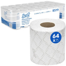 Das Scott® Essential™ Toilettenpapier von Kimberly-Clark GmbH enthält 8 Packungen mit je 8 kleinen Rollen, insgesamt 64 Rollen mit 350 Blatt pro Rolle. Eine Rolle ist auf der Vorderseite abgebildet, und die Verpackung hebt das Branding und die Mengenangaben hervor.