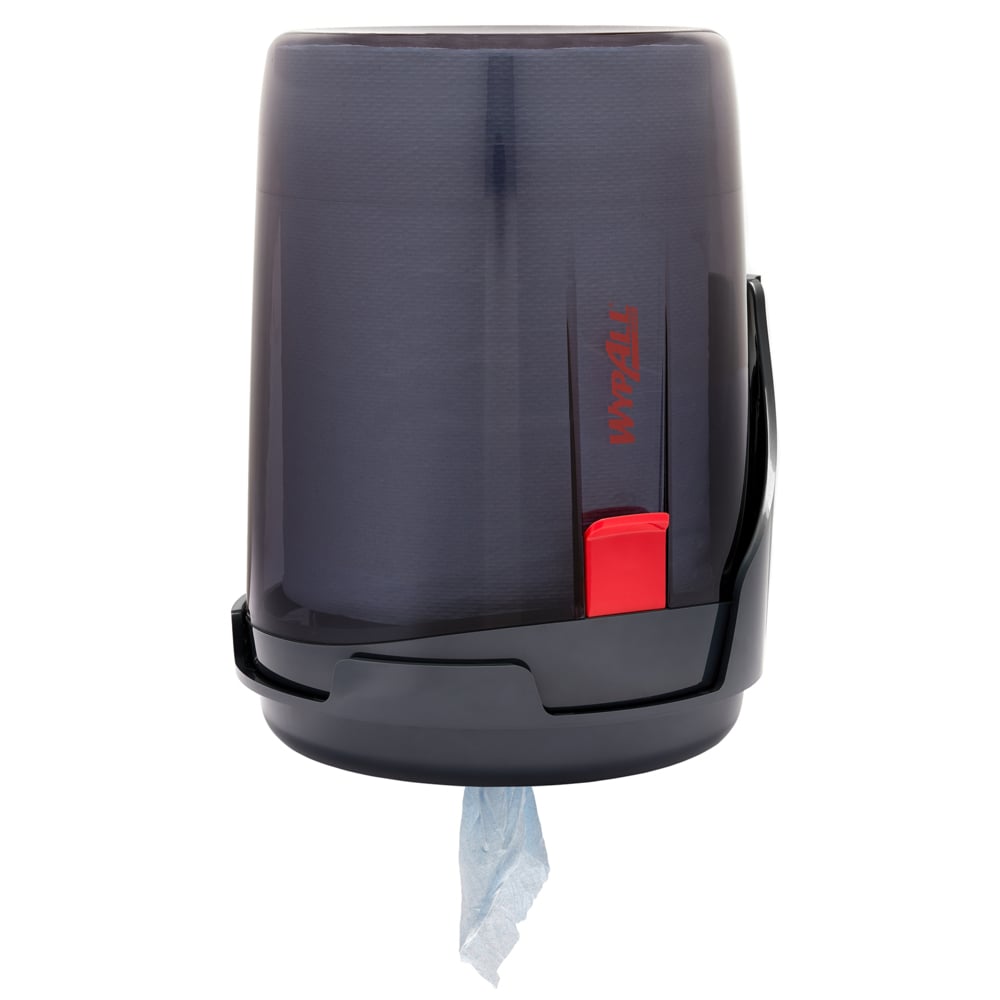 The WypAll® Reach™ Centrefeed Dispenser from Kimberly-Clark GmbH is a black wall unit with a transparent front and red lever, dispensing blue towels from the bottom - ideal for professional use.