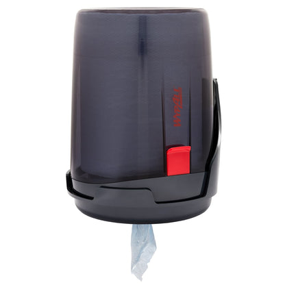 The WypAll® Reach™ Centrefeed Dispenser from Kimberly-Clark GmbH is a black wall unit with a transparent front and red lever, dispensing blue towels from the bottom - ideal for professional use.