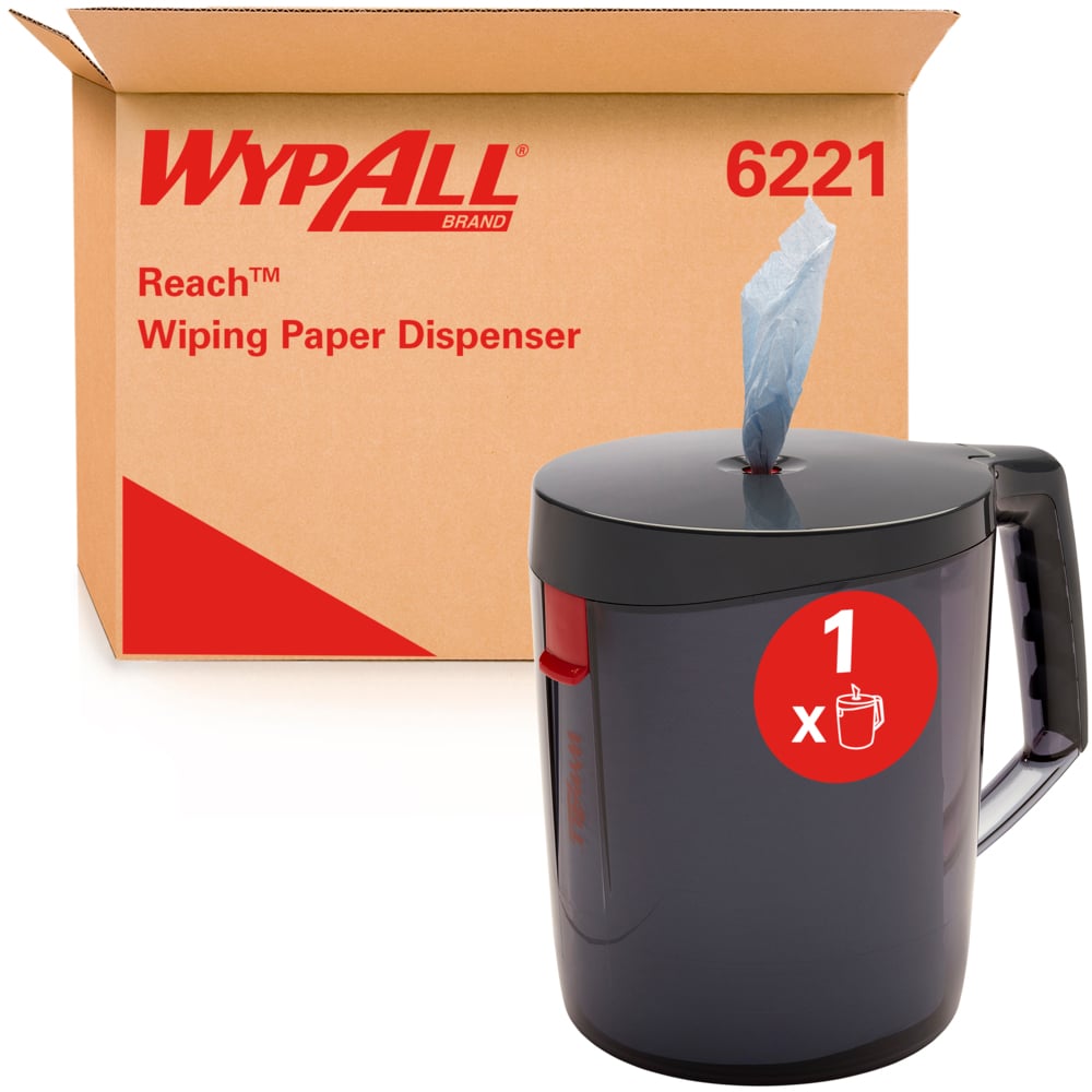 A WypAll® Reach™ Centrefeed Dispenser - Black from Kimberly-Clark GmbH with a handle and an outstanding cloth stands in front of a box with "6221" print, ideal for professional use.