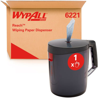 A WypAll® Reach™ Centrefeed Dispenser - Black from Kimberly-Clark GmbH with a handle and an outstanding cloth stands in front of a box with "6221" print, ideal for professional use.