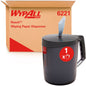 A WypAll® Reach™ Centrefeed Dispenser - Black from Kimberly-Clark GmbH with a handle and an outstanding cloth stands in front of a box with "6221" print, ideal for professional use.