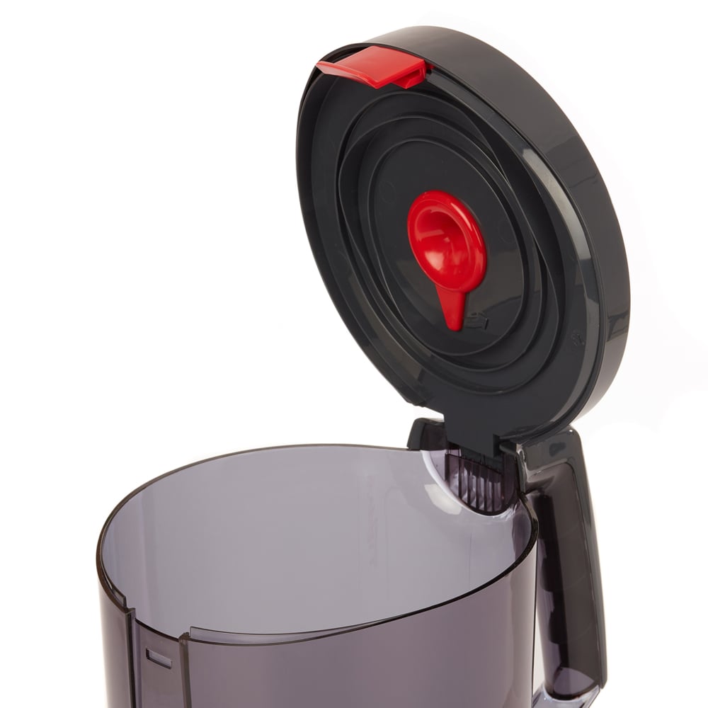 A close-up of the Kimberly-Clark GmbH WypAll® Reach™ Centrefeed Dispenser (Black) shows the transparent container, black flip lid, red closure, and round handle - perfect for professional use. 1 dispenser/carton.