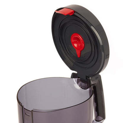 A close-up of the Kimberly-Clark GmbH WypAll® Reach™ Centrefeed Dispenser (Black) shows the transparent container, black flip lid, red closure, and round handle - perfect for professional use. 1 dispenser/carton.