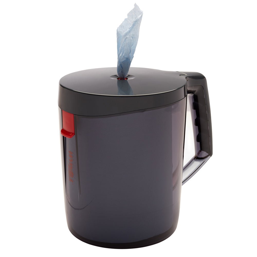 The WypAll® Reach™ Centrefeed Dispenser from Kimberly-Clark GmbH is a dark gray plastic container with a handle and red lock, securely holding blue cleaning cloths and conveniently dispensing them through the lid opening.