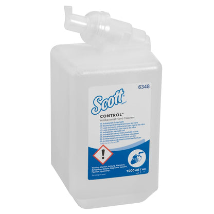 The transparent 1-liter cassette of Scott® Anti Bac Foam Soap by Kimberly-Clark GmbH in a 6-pack contains an antibacterial foam, ideal for hygienic washrooms, with safety and usage instructions on the front.