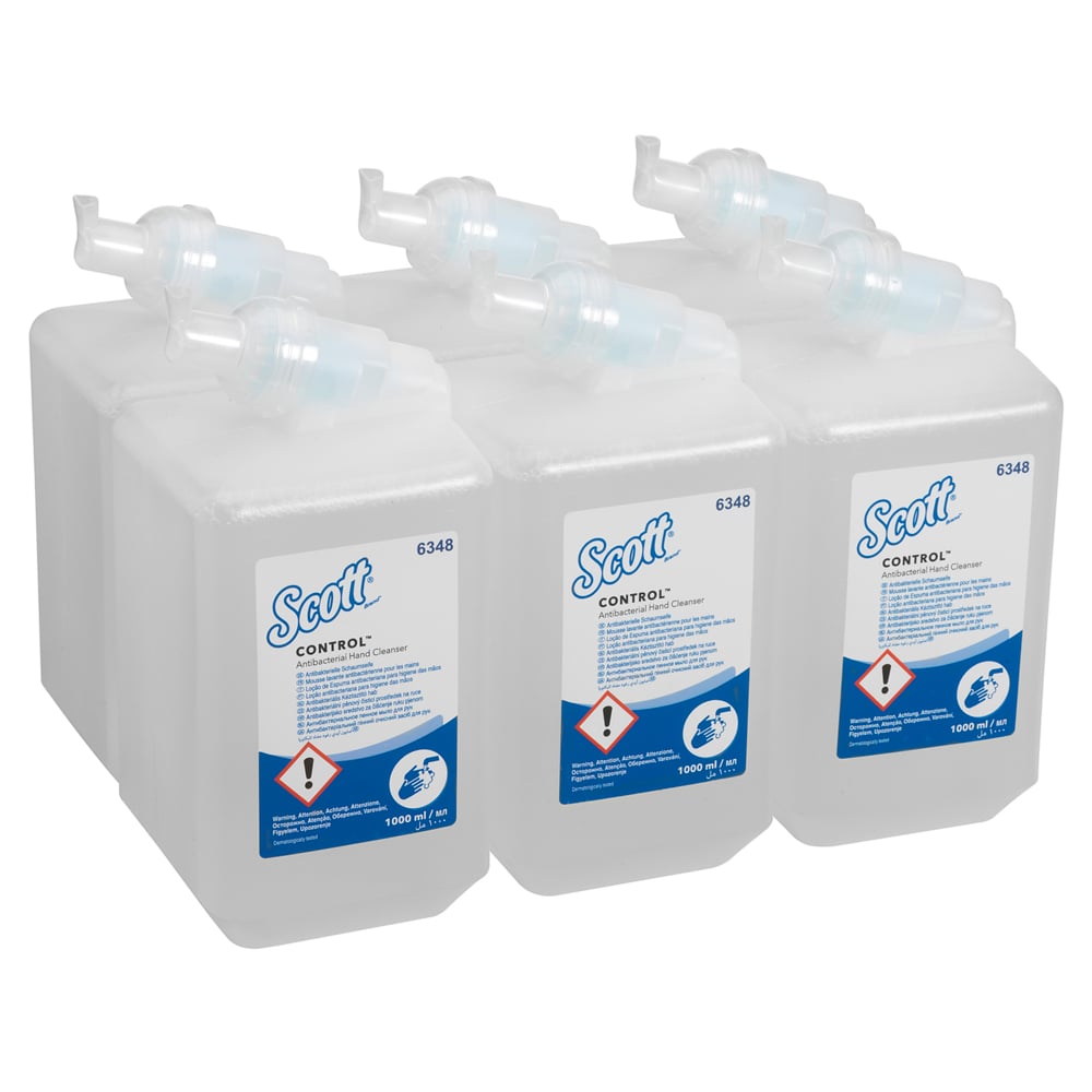 Six transparent 1-liter cassettes of Scott® Anti Bac Foam Soap by Kimberly-Clark GmbH, depicted on a white background - perfect for washrooms that need antibacterial foam soap.