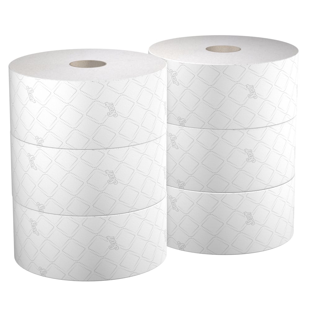 Sechs weiße Scott® Control™ Zentralentnahme Toilettenpapierrollen (314 m, je 1280 Blatt) der Kimberly-Clark GmbH sind in zwei Dreierkolonnen gestapelt und zeigen ein dezentes Rautenmuster auf einfarbig weißem Hintergrund.
