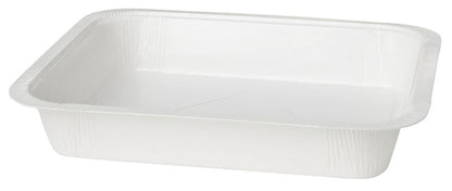 A white, rectangular sealing tray carton/PET tray from Duni GmbH with slightly raised edges, depicted at an angle against a plain background. Ideal as an eco-friendly food packaging for various applications.