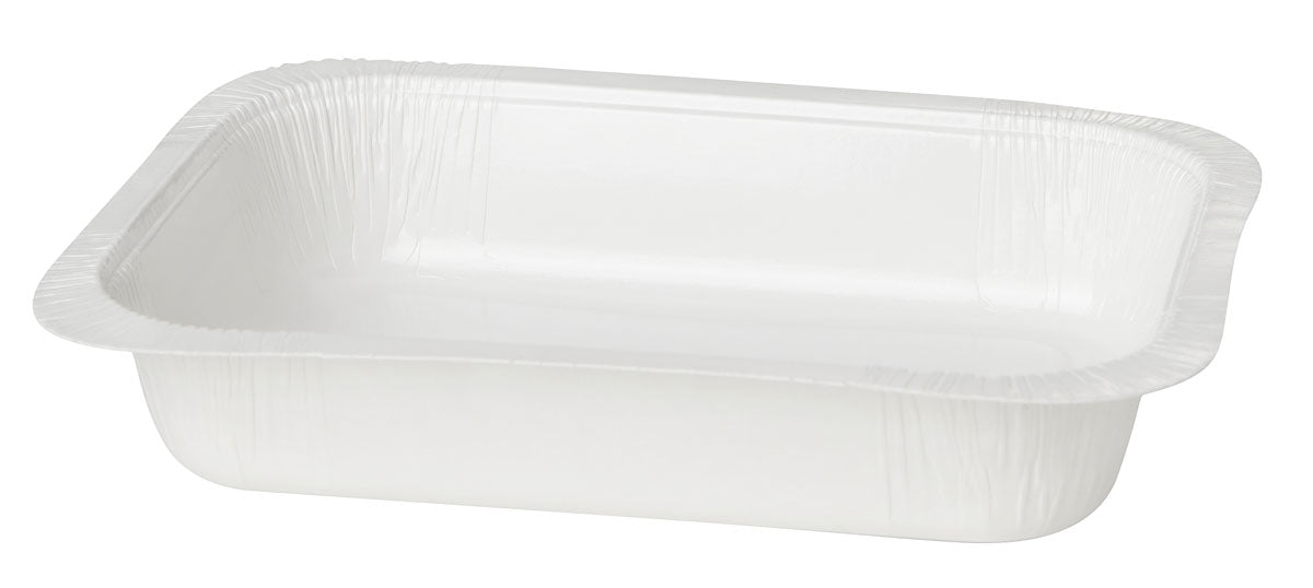 A rectangular, white disposable food container made of sealing tray carton/PET white from Duni GmbH with slightly curved edges and shallow depth is shown empty against a plain white background.