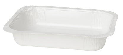 A rectangular, white disposable food container made of sealing tray carton/PET white from Duni GmbH with slightly curved edges and shallow depth is shown empty against a plain white background.