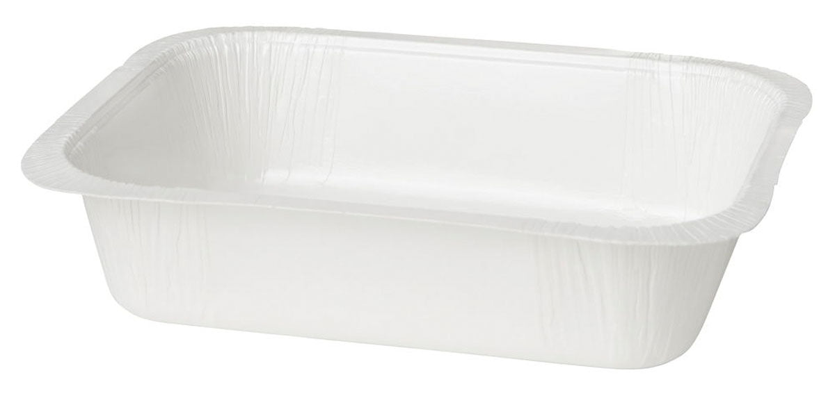 A simple rectangular white sealing tray carton/PET food tray from Duni GmbH made of plastic with slightly curved edges, depicted at an angle against a white background.