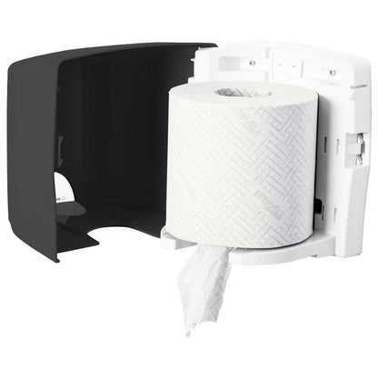 Der Kimberly-Clark GmbH Aquarius™ Wischtuch-Spender - Roll Control in grau ist ein wandmontierter Spender mit offener schwarzer Abdeckung, der mit dem Roll Control System für eine saubere, fertige Ausgabe ausgestattet ist - ideal für den professionellen Einsatz.