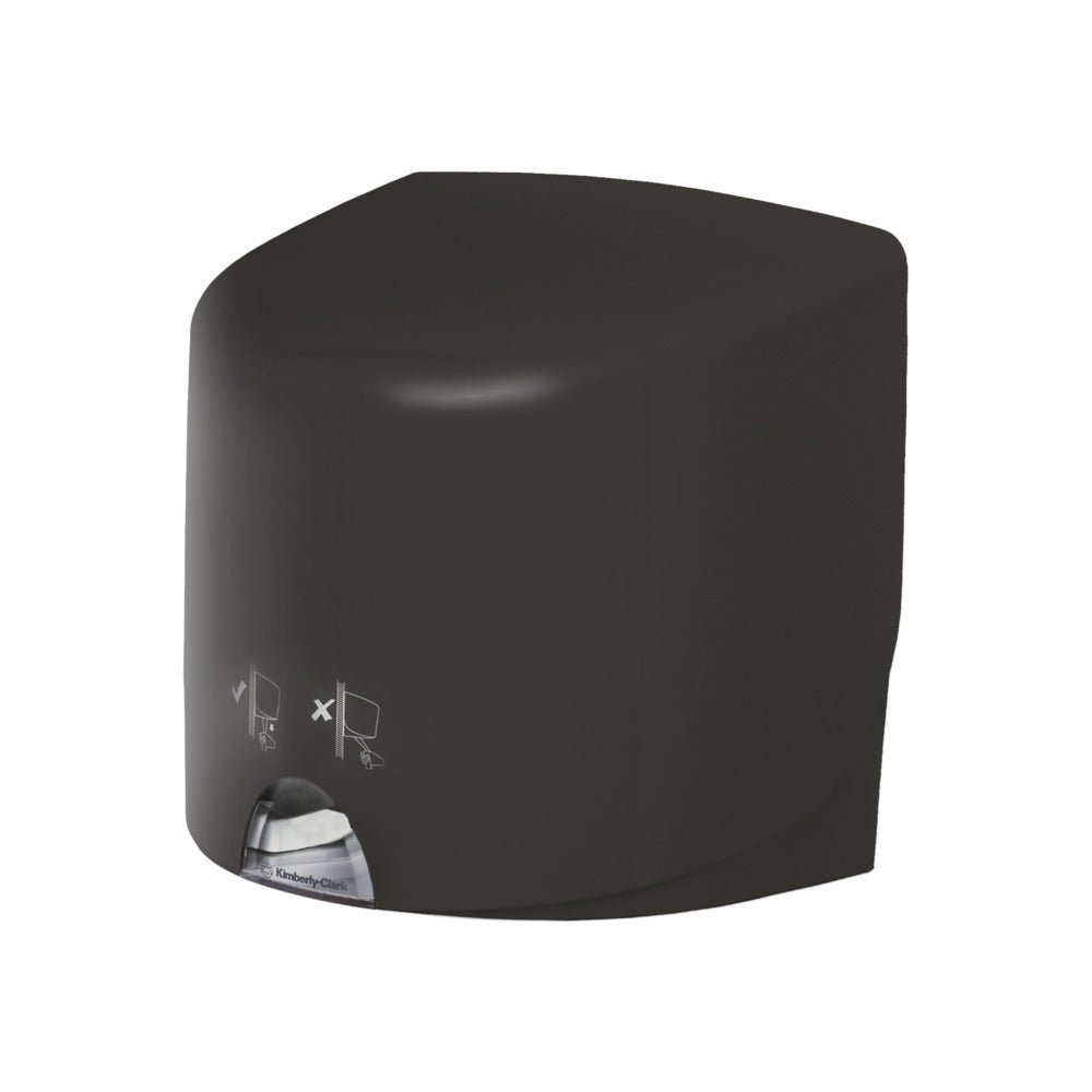 Ein grauer Aquarius™ Wischtuch-Spender - Roll Control von Kimberly-Clark GmbH steht vor einem weißen Hintergrund, mit einem kleinen Fenster mit sichtbarem Papierhandtuch und einer einfachen Gebrauchsanweisung auf der Vorderseite, konzipiert für den professionellen Einsatz.