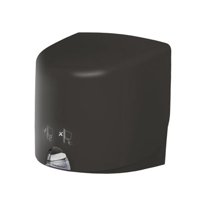 Ein grauer Aquarius™ Wischtuch-Spender - Roll Control von Kimberly-Clark GmbH steht vor einem weißen Hintergrund, mit einem kleinen Fenster mit sichtbarem Papierhandtuch und einer einfachen Gebrauchsanweisung auf der Vorderseite, konzipiert für den professionellen Einsatz.