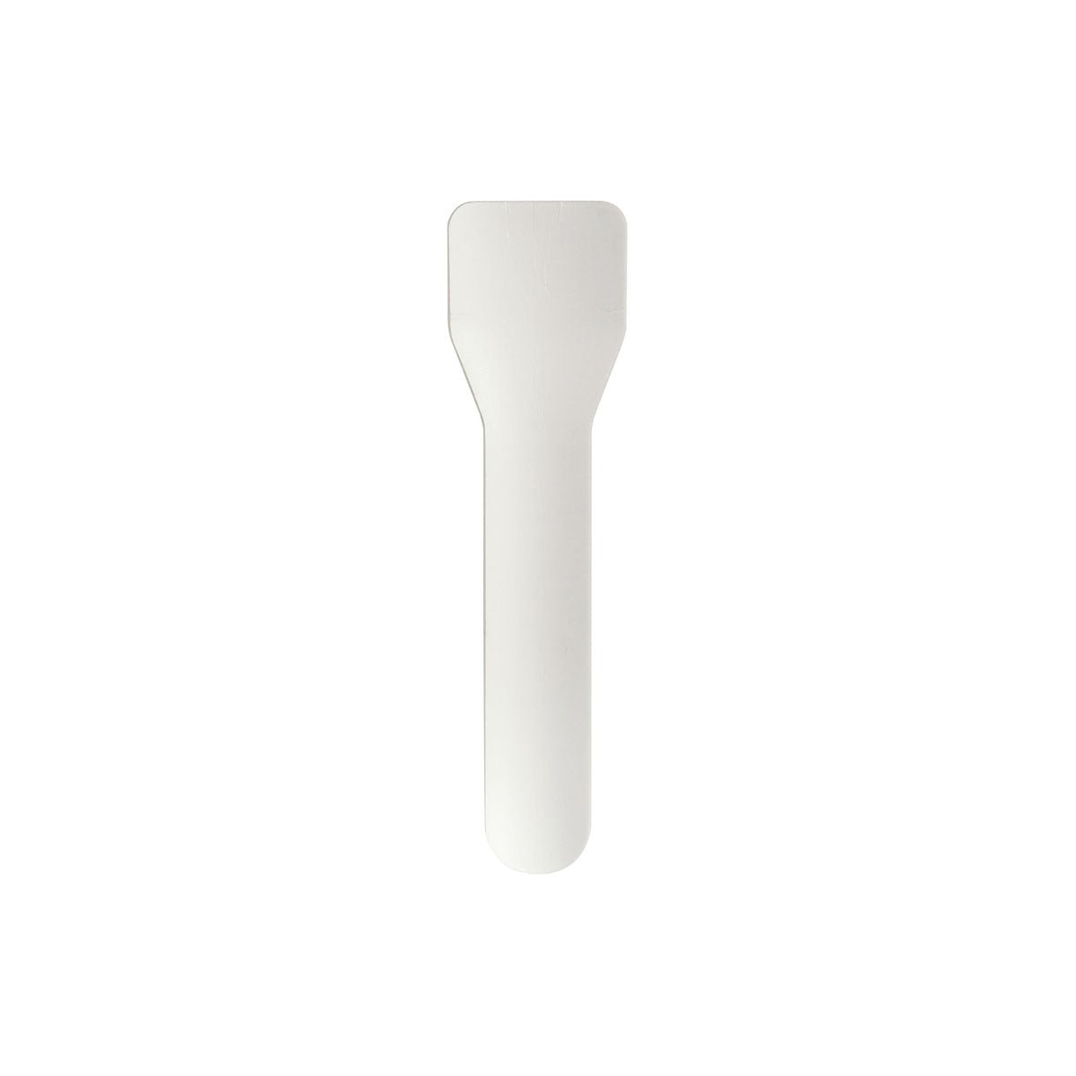 Ein flacher, rechteckiger weißer Eislöffel (95mm) aus Papierfaser von Duni GmbH, fotografiert auf weißem Hintergrund - eine umweltfreundliche Wahl für nachhaltige Küchen. Verkauft in Packungen mit 100 Stück.
