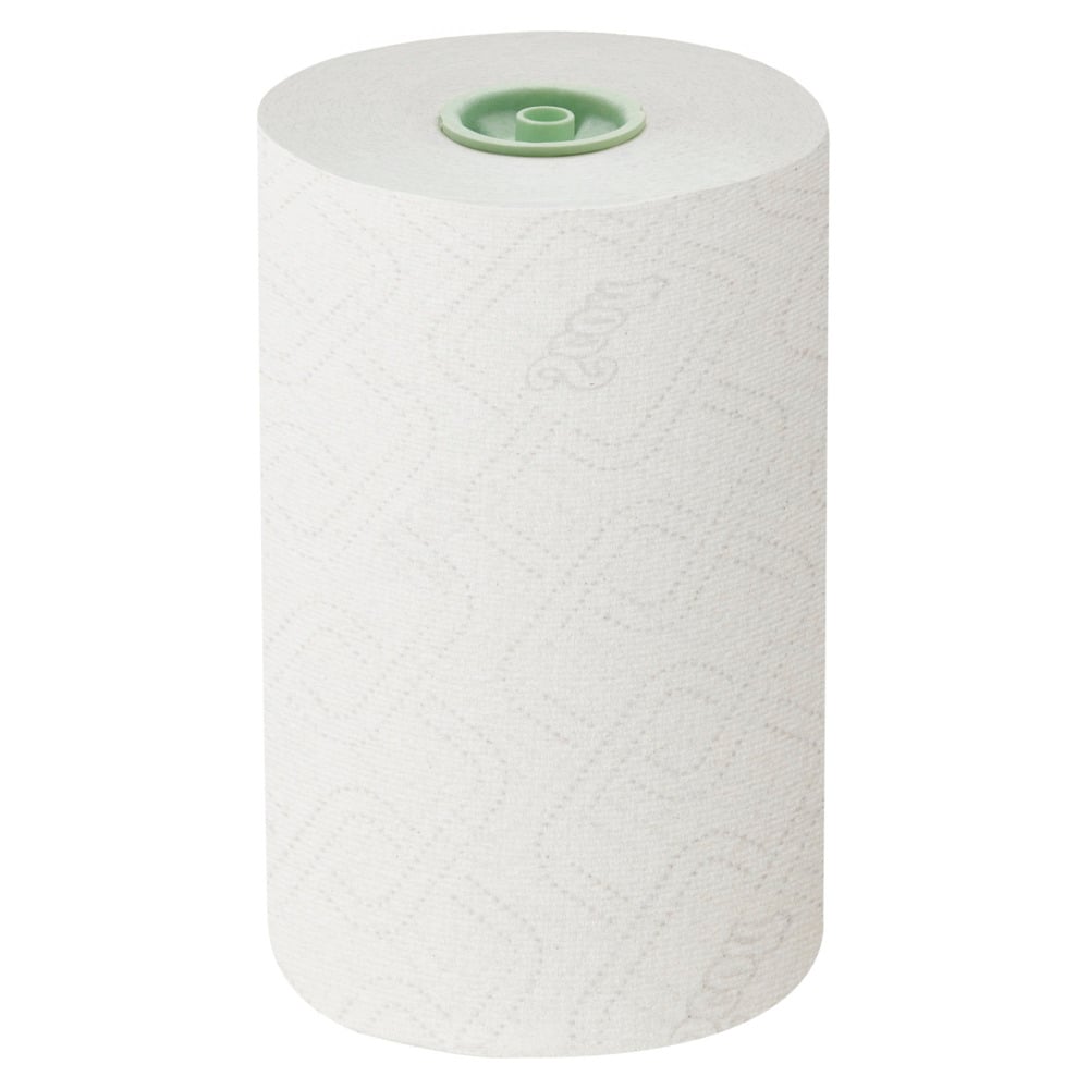 A single Scott® Essential™ Slimroll™ white roll towel (1-ply, geometric pattern, green core) from Kimberly-Clark GmbH stands upright on a solid white background.