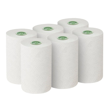 Six white Scott® Essential™ roll towels E-roll Slimroll™ from Kimberly-Clark GmbH are arranged in two rows of three. Each 1-ply, 180 m long roll has a green core and a fine texture, ideal for efficient use. The box contains 6 rolls.