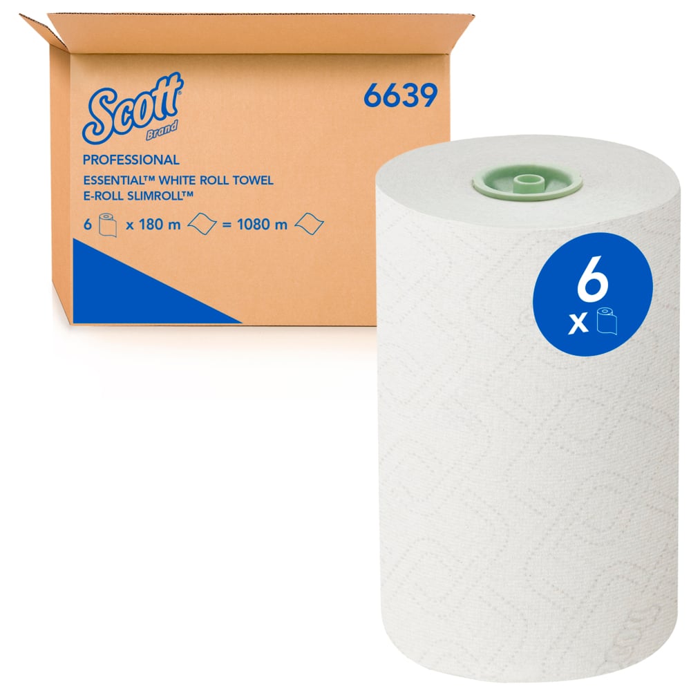 A large white Scott® Essential™ E-roll Slimroll™ lies in front of an open cardboard box from Kimberly-Clark GmbH. A blue sticker on the roll shows "6x". The single-ply roll towels are available in 6x180m packaging.