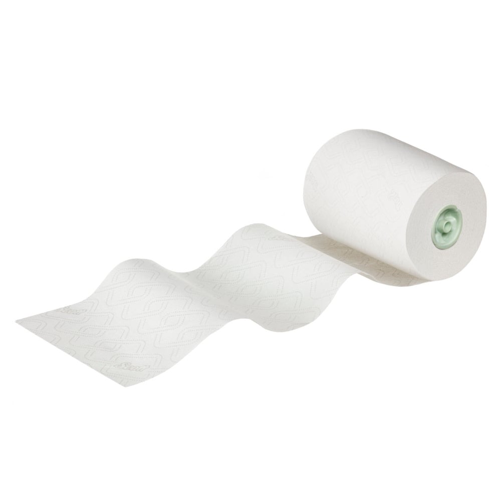 A single roll of Scott® Essential™ roll towels E-roll Slimroll™, 1-ply white paper from Kimberly-Clark GmbH, is partially unrolled on a solid white background; it features a subtle embossed pattern and a green core tube.