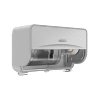 The gray, wall-mounted Kimberly-Clark Professional™ Icon™ toilet paper dispenser—small rolls—from Kimberly-Clark GmbH features a textured front and a partially open lid with a toilet paper roll inside.