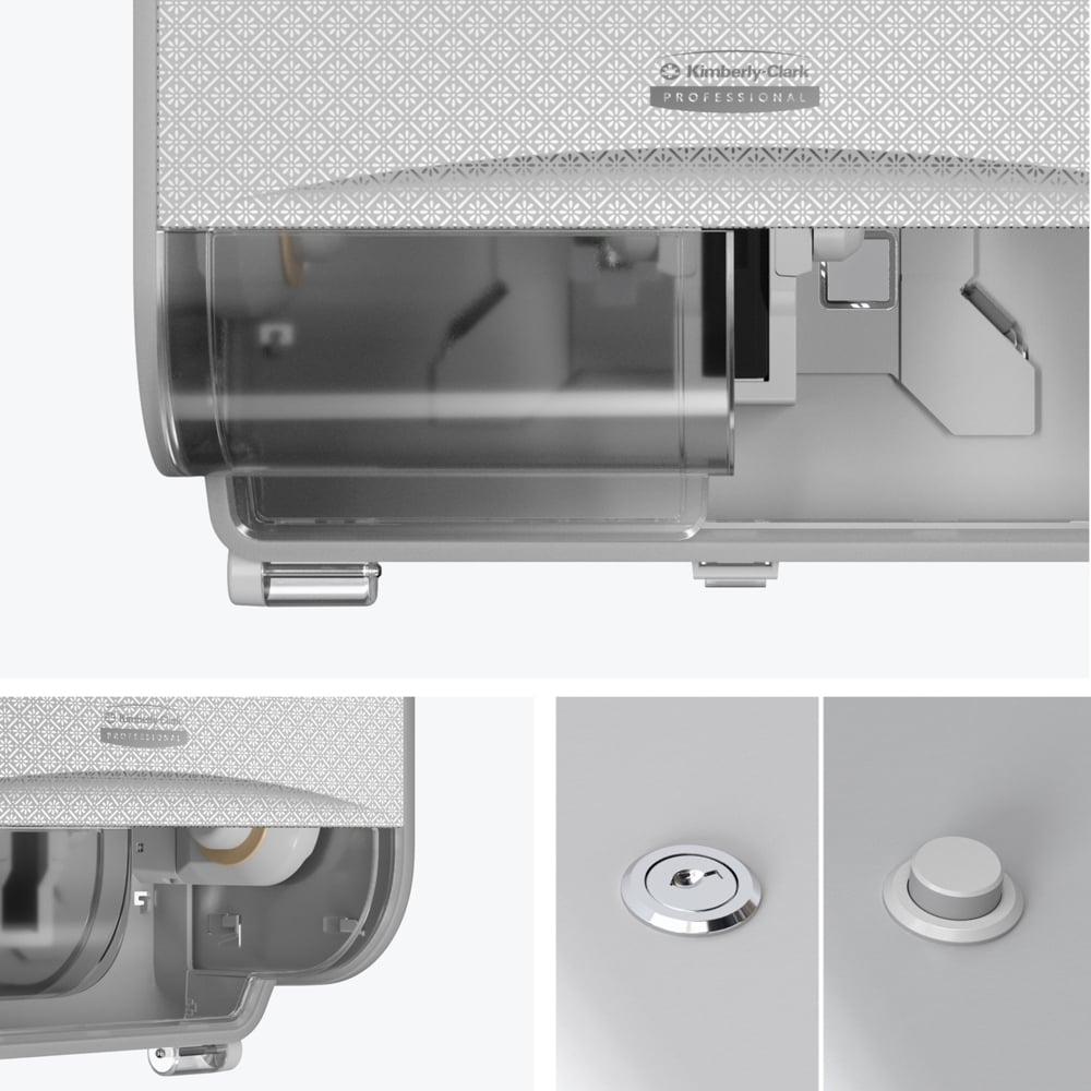 A close-up of the wall-mounted Kimberly-Clark Professional™ Icon™ toilet paper dispenser - small rolls from Kimberly-Clark GmbH with a patterned front. Other images show the lock, round button, and an open side view showing the internal parts.