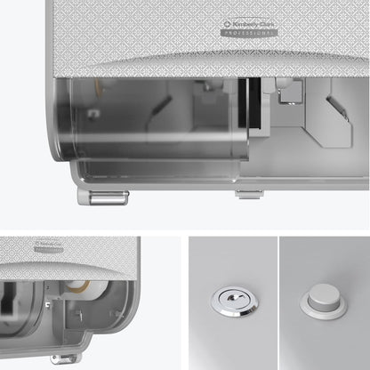 A close-up of the wall-mounted Kimberly-Clark Professional™ Icon™ toilet paper dispenser - small rolls from Kimberly-Clark GmbH with a patterned front. Other images show the lock, round button, and an open side view showing the internal parts.