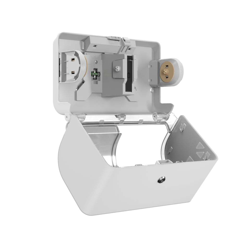 A white, wall-mounted control cabinet with a hinged lid revealing the internal components - ideal for integration with the Kimberly-Clark Professional™ Icon™ toilet paper dispenser - small rolls from Kimberly-Clark GmbH.