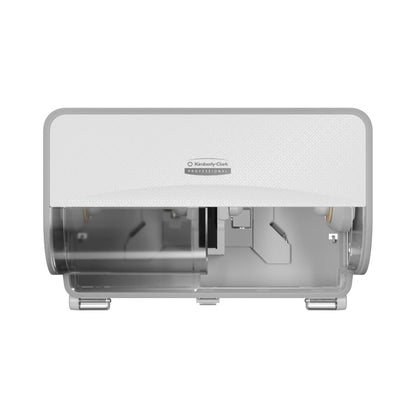 The Kimberly-Clark Professional™ Icon™ toilet paper dispenser - small rolls from Kimberly-Clark GmbH is a wall-mounted unit with a white top cover, a transparent bottom, and the Icon logo on the front. The image shows the empty and open dispenser in the front view.