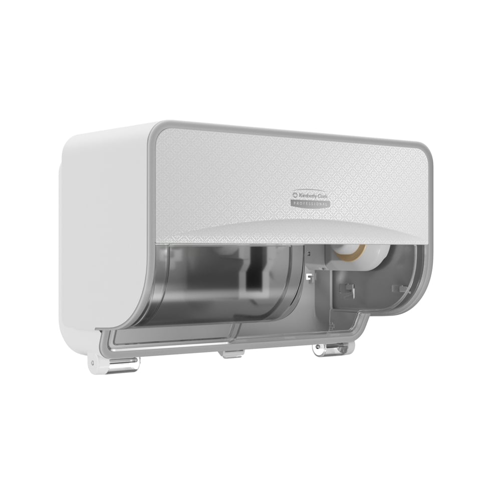 The wall-mounted Kimberly-Clark Professional™ Icon™ toilet paper dispenser - small rolls from Kimberly-Clark GmbH features a transparent front panel showing a partially used roll and has a sleek rectangular design in white and gray.