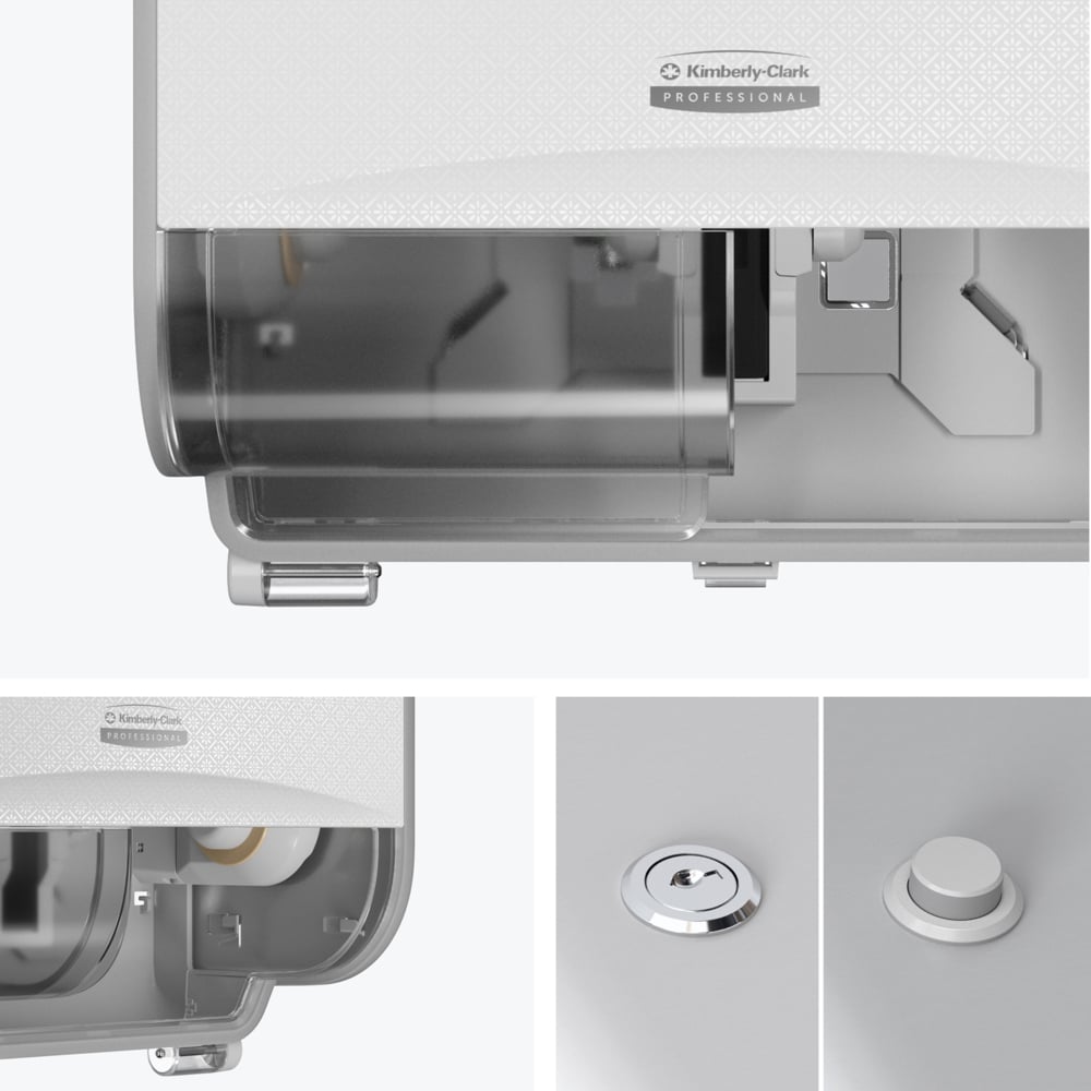 Close-ups of the Kimberly-Clark Professional™ Icon™ toilet tissue dispenser - small rolls from Kimberly-Clark GmbH show the front panel, the small roll compartment, the locking mechanism, and the round push buttons as design details.