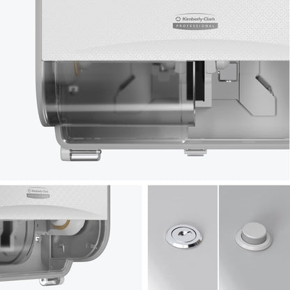 Close-ups of the Kimberly-Clark Professional™ Icon™ toilet tissue dispenser - small rolls from Kimberly-Clark GmbH show the front panel, the small roll compartment, the locking mechanism, and the round push buttons as design details.