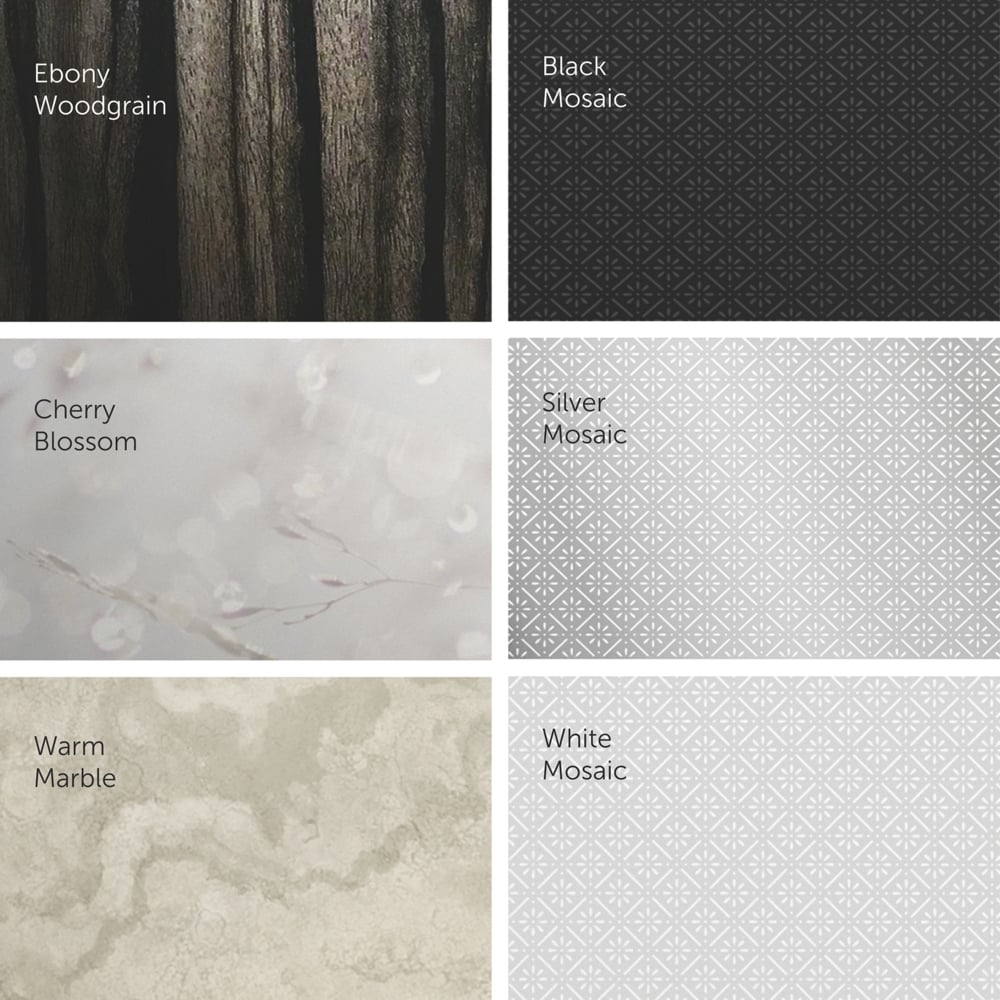 A grid of six patterns shows surface designs for the Kimberly-Clark Professional™ Icon™ toilet paper dispenser - small rolls from Kimberly-Clark GmbH: Ebony Grain, Black Mosaic, Cherry Blossom, Silver Mosaic, Warm Marble, and White Mosaic.