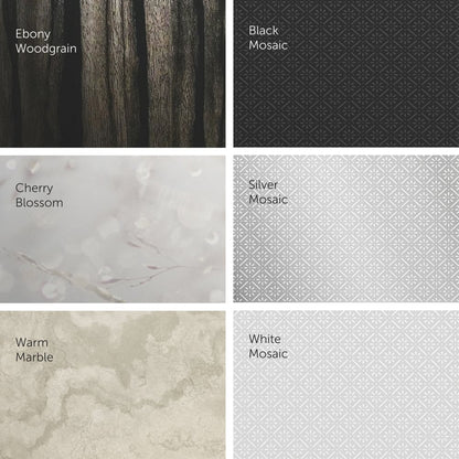 A grid of six patterns shows surface designs for the Kimberly-Clark Professional™ Icon™ toilet paper dispenser - small rolls from Kimberly-Clark GmbH: Ebony Grain, Black Mosaic, Cherry Blossom, Silver Mosaic, Warm Marble, and White Mosaic.
