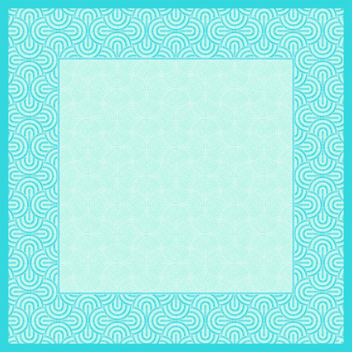 Eine quadratische Dunicel-Mitteldecke (84x84cm) der Duni GmbH, Breeze mintblau: weiß/mint-gewirbelter Rand, zartes helles Cyan-Wirbelzentrum. Ideal für frühlingshafte Tischdekoration; ohne Text oder Bilder. Packung à 20 Stück.