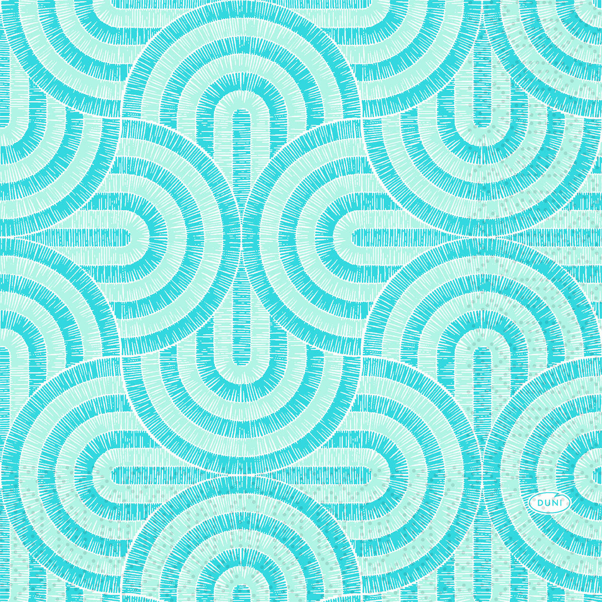 Türkis- und mintblaue geometrische Servietten mit strahlenförmigen, feinen Linien, die ein strukturiertes, symmetrisches Muster ergeben. Duni GmbH "Breeze Mint Blue Servietten" 33x33 cm, Packung mit 50 Stück.