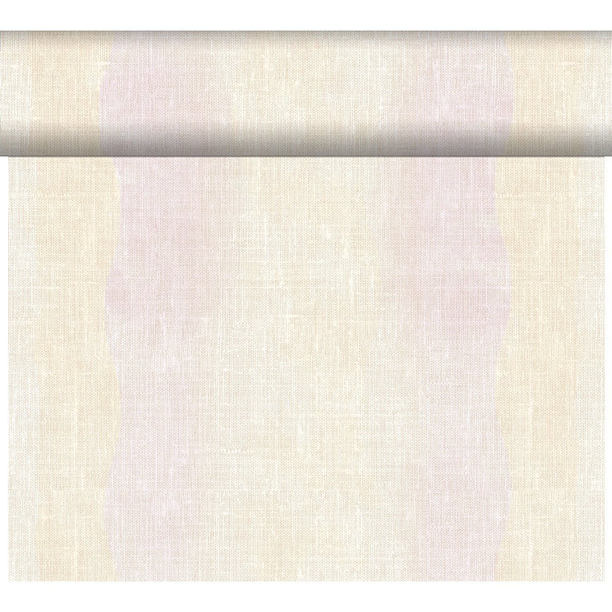Eine Rolle Duni GmbH Dunicel-Tischläufer Tête-à-Tête (24 m x 0,4 m, 20 Abschnitte) in Hellbeige wird teilweise ausgerollt, um seine elegante Webstruktur als stilvolle Tischdekoration vor einem schlichten weißen Hintergrund zu zeigen.