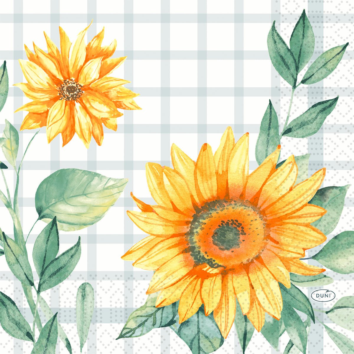 Brighten up your table decoration with Duni GmbH Serv.33x33 3-ply 1/4 Sunflower-250 pack napkins featuring yellow sunflowers and green leaves in watercolor on a white and light gray background. Perfect for any occasion!.
