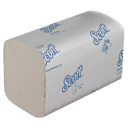 A carton with Scott® Essential™ Hand Towels - interfold, white, small (15 packs x 340 towels) from Kimberly-Clark GmbH, packaged in a white carton with blue branding and symbols for hygienic hand drying.