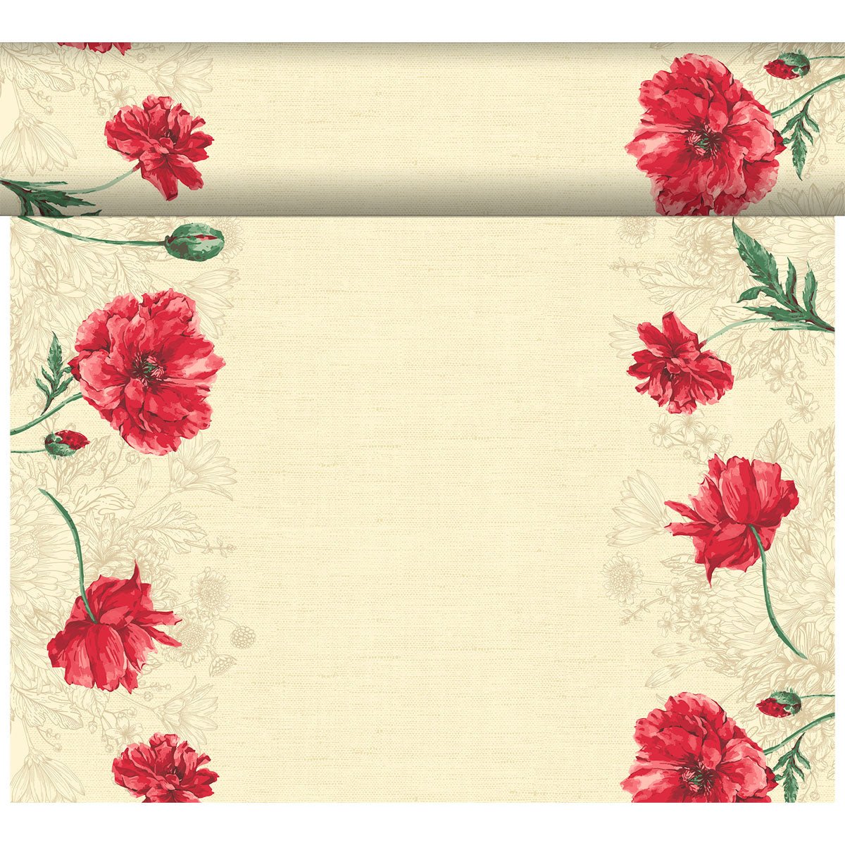 Der Dunicel-Tischläufer Tête-à-Tête 24 m x 0,4 m (20 Abschnitte) der Duni GmbH hat einen beigen Hintergrund mit roten Mohnblumen und grünen Stängeln an den Rändern, ideal für eine elegante Tischdekoration oder eine charmante Tête-à-Tête-Einrichtung.