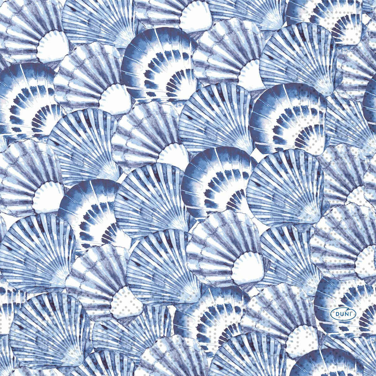 A seamless blue and white shell pattern covers the Zellt napkins 33x33 cm, 3-ply, Tide Design by Duni GmbH (pack of 250 napkins), with a small round "Duni" logo in the bottom right corner.